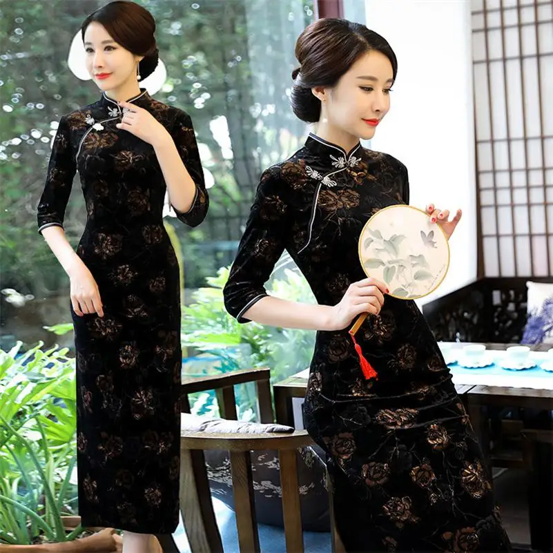 Элегантный тонкий Cheongsam женское традиционное Qipao осенне-зимнее велюровое вечернее платье Vestidos оверсайз M-4XL - Цвет: black  long