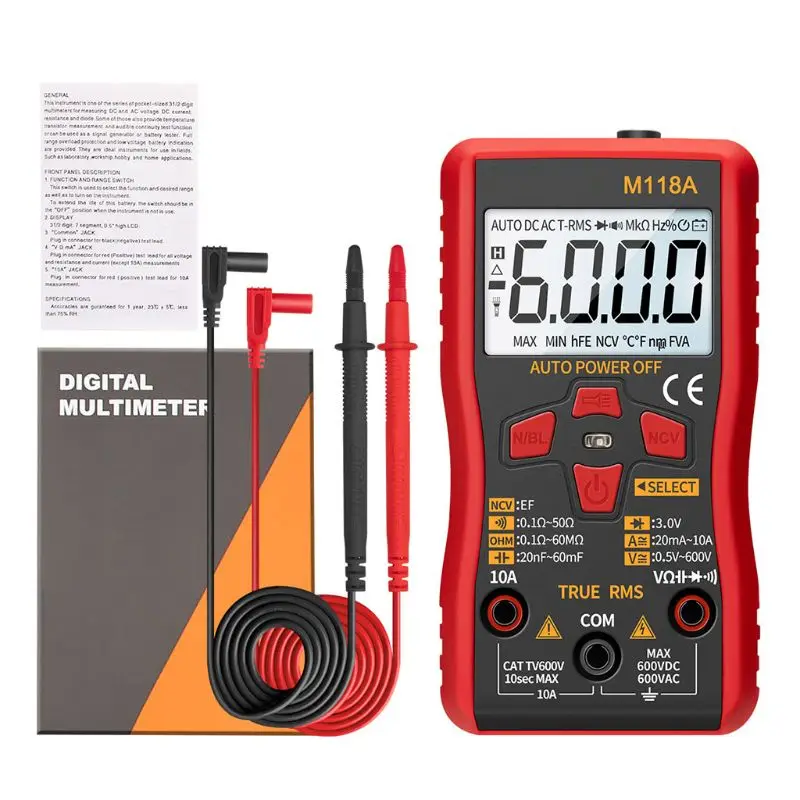 

M118A Digital Multimeter Auto Range True RMS NCV Tester AC DC with Flashlight