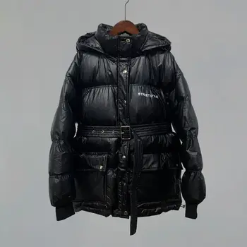 

New Winter Metal Loose-Fit Belt Korean-Style Detachable Cap Mid-Length Cotton Jacket Women's Tide Male you feng Warm