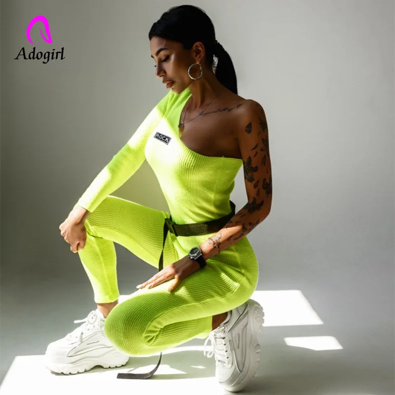 Adogirl неоновый зеленый одно плечо ребристый комбинезон с поясом для женщин Slash шеи длинный рукав комбинезон уличная комбинезон вязаный джемпер