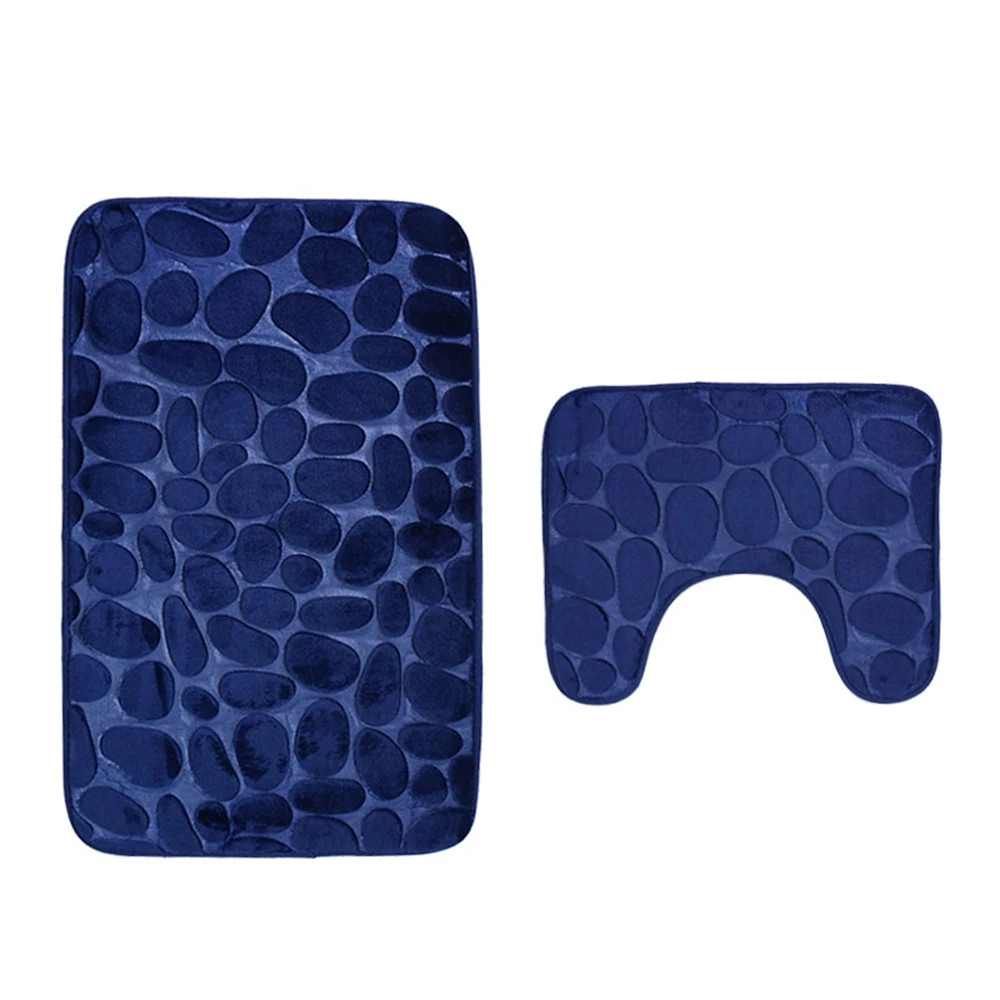2 шт сплошной цвет рок тисненая пена памяти ванная комната коврик набор коврик для ванной нескользящий с резиновой подложкой - Цвет: Navy Blue