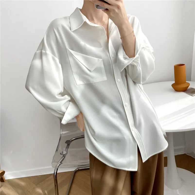 

Basic White Blouse Shirt for Women Spring Autumn Turn-down Collar Double Pockets Office Ladies Blouse Female Tops Blusas Z1831