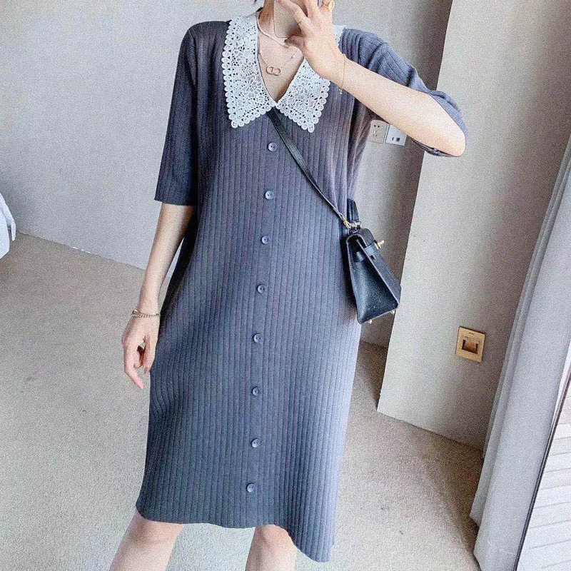 Women Oversized Strentch Knitted dress Office Lady  Autumn solid Trun down collar Sweater Dress Female Winter knee Length dress