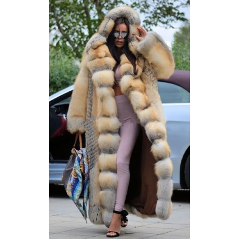 FURSARCAR Luxurious New Women Real Natrual Fox Fur Jacket With Hood X-Long Plus Size New Women Winter Golden Fox Fur Coat
