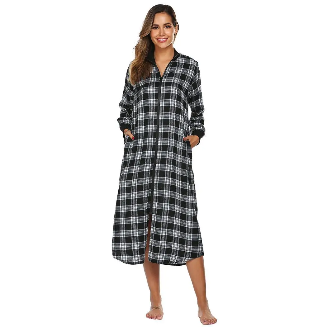 

Women Casual O Neck Zipper Closure Robe Plaid Loungewear Height 176cm, Bust 88cm, Waist 59cm, Hip 90cm Sleepwear
