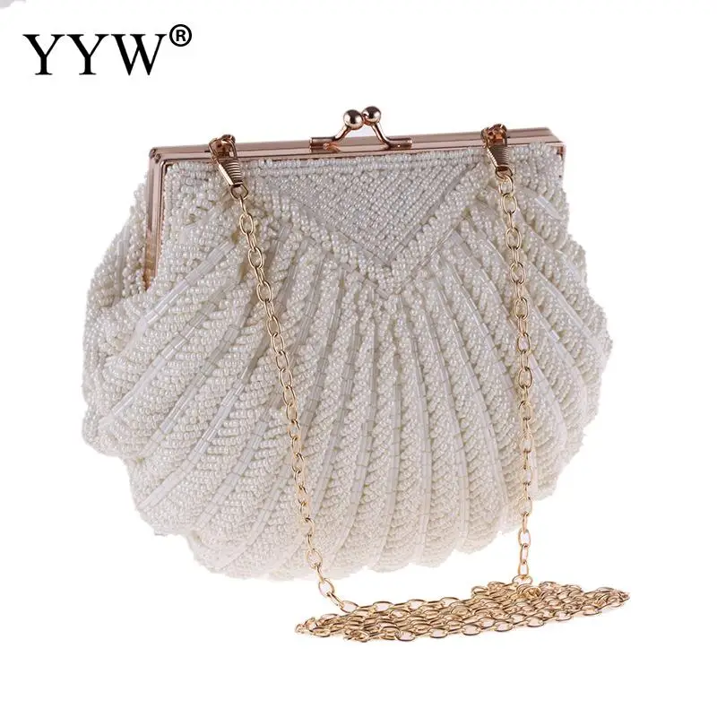 

White Shell Elegant Purse Beaded Clutch Bag Luxury Women Wedding Pouch Vintage Shoulder Purse Evening Party Bags Clutches Sac