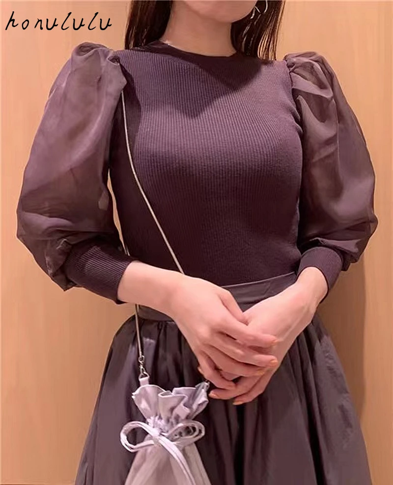 

2020 autumn and winter new tulle see-through puff sleeve knitted bottoming sweater women