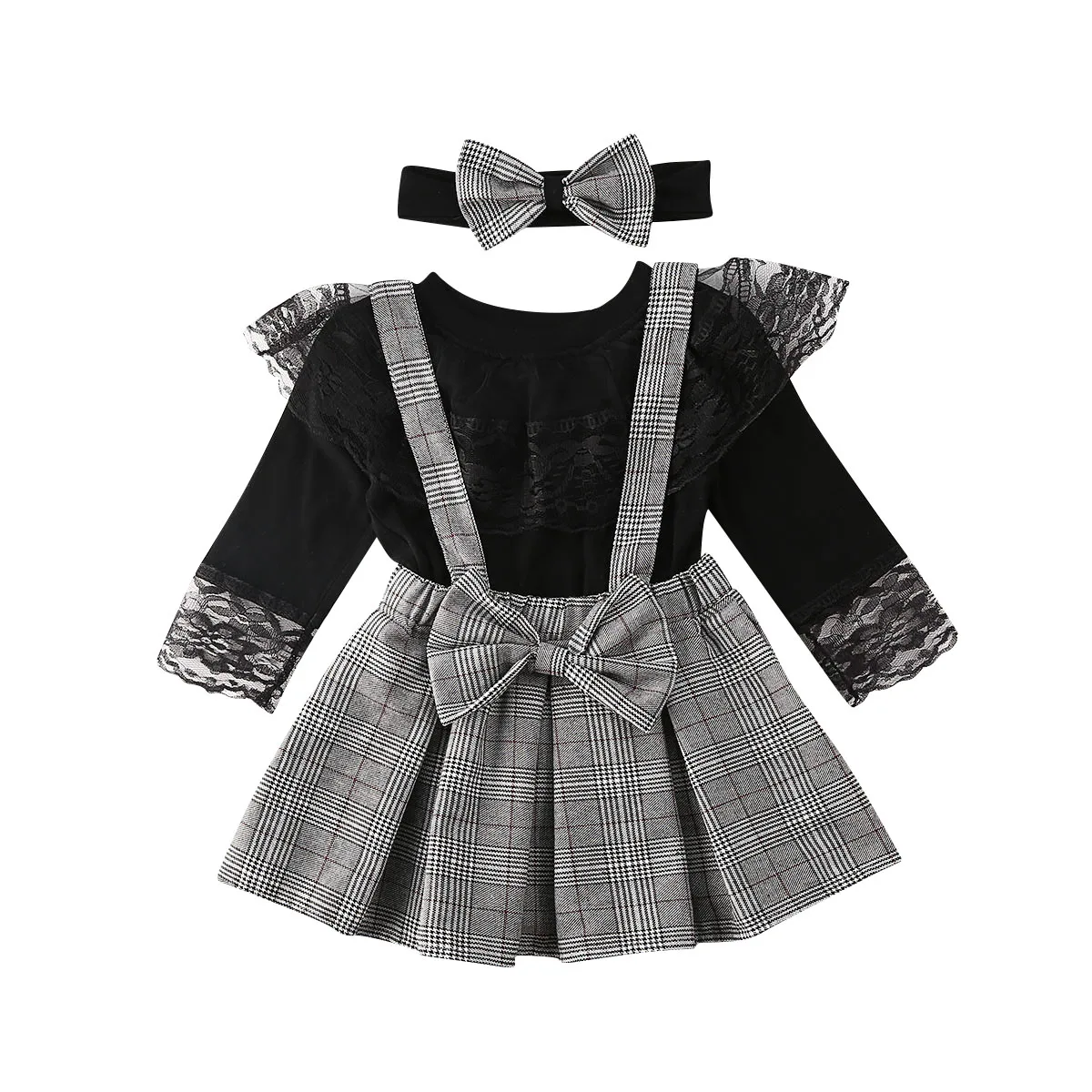 

1-6Y Toddler Kid Girl Baby Clothes Set Black Long Sleeve Lace T shirt Tops + Plaid Ruffles Skirts Overalls Spring Girl Costumes