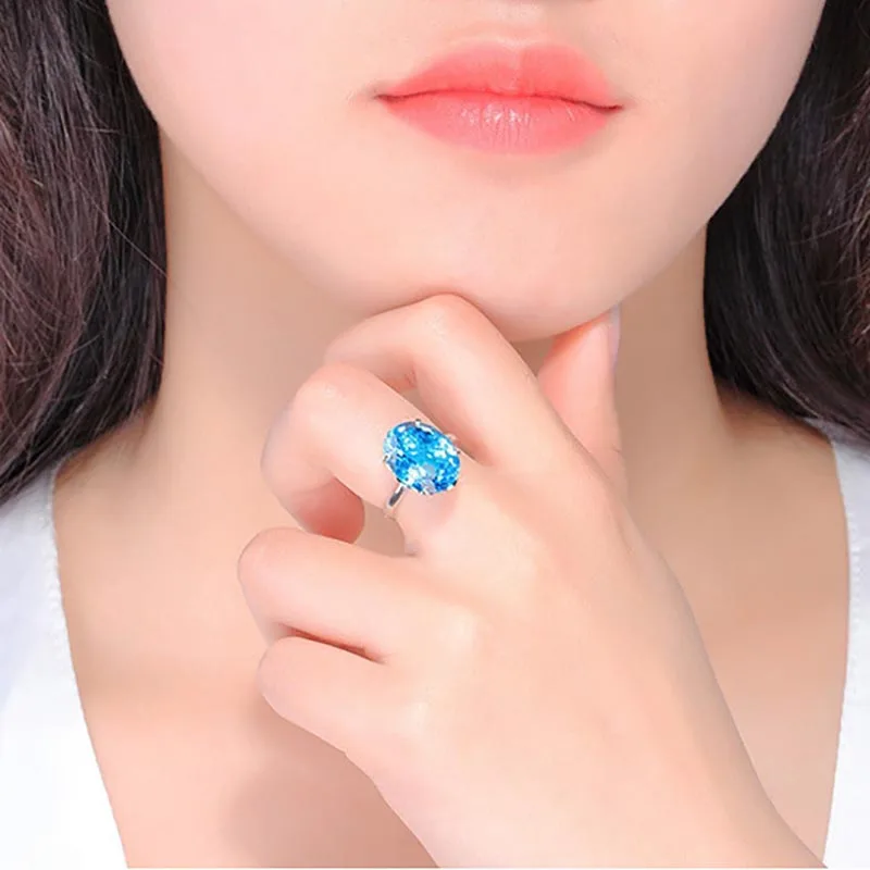 Целлюлозная настоящая кольца из стерлингового серебра 925 для женщин с 12*16 мм кольцо с голубым топазом Драгоценный Камень Аквамарин украшения для помолвки