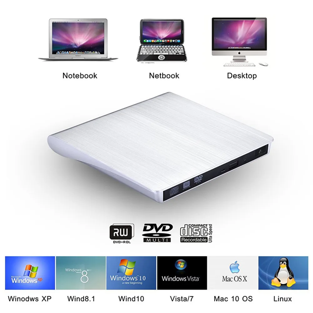 USB 3,0 внешний накопитель DVD-ROM CD-RW DVD-RW горелки Портативный считыватель тонкий для Windows7/8/10