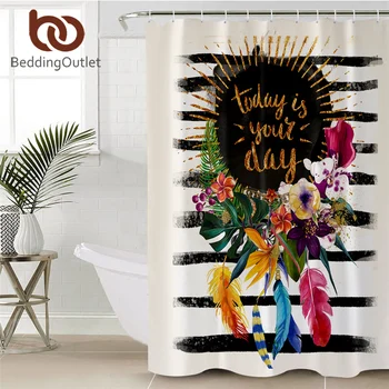 

BeddingOutlet Floral Garland Shower Curtain Striped Pink Bath Curtain Flower Feathers Waterproof Bathroom Curtain Home Decor