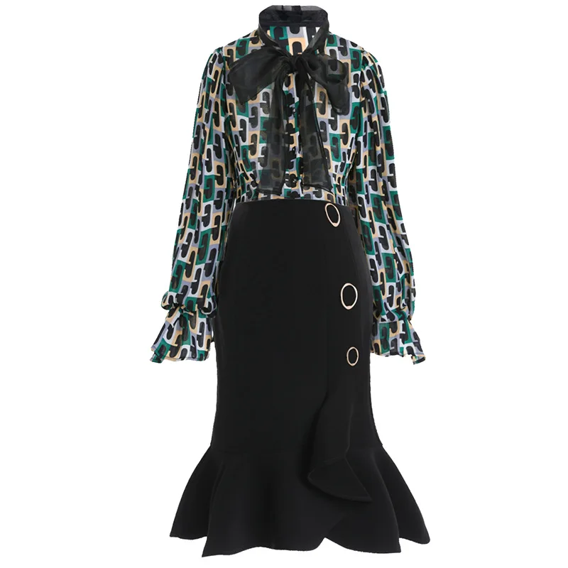 

VERDEJULIAY Runway Women Twinsets 2020 Aumtumn Spring Summer New Contrast Color Blouse Top+Trumpet Slim Black Skirts Sets