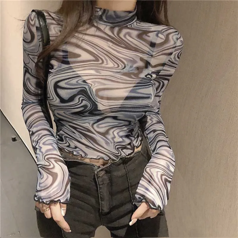 One-Piece Designer Stripe Print T Shirt 2020 Summer Women New Long Sleeve Turtle Neck Tops Korean Sexy Slim Lady T Shirt