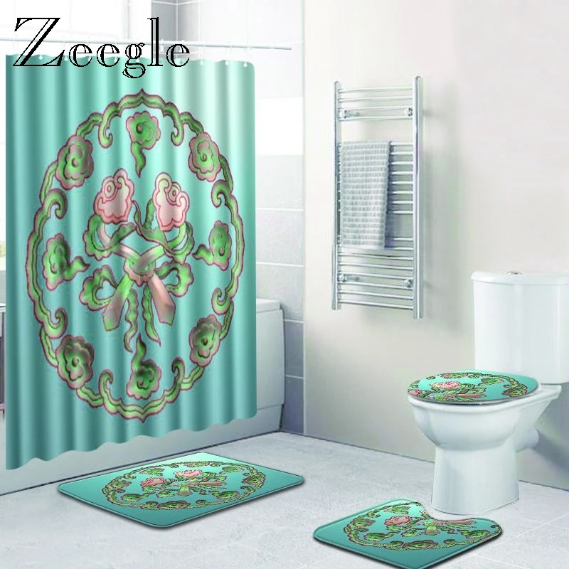 Zeegle Bath Mat with Shower Curtain Set Pedestal Rug Toilet Seat Cover Anti-slip Bathroom Foot Rug Toilet Decoration Doormat