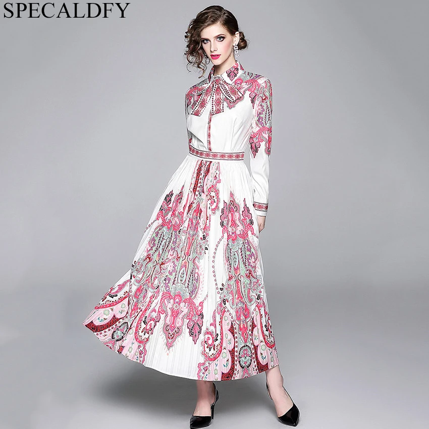 

High Quality Runway Dresses Women Bow Neck Print Elegant Dress European Style Waisted Long Pleated Dress Holiday