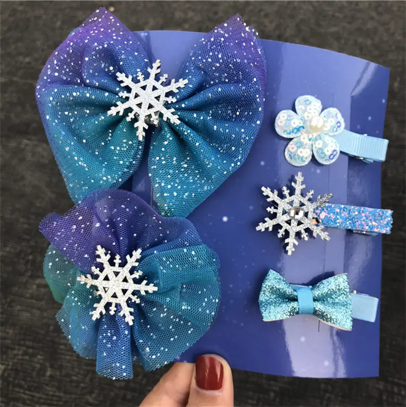 Kids Christmas Gifts Snowflake Hair Accessories Crystal Hair Clips for Women Girls Cosplay Princess Barrette Hairpins Sets - Цвет: blue sets