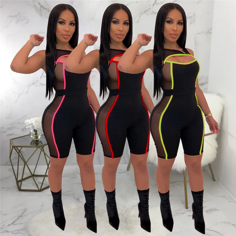 

2020 New Sexy Women Sleeveless Mesh Patchwork Jumpsuit See Through Bodysuit One-piece Cut Off Hole Rompers Beach Sports Playsuit