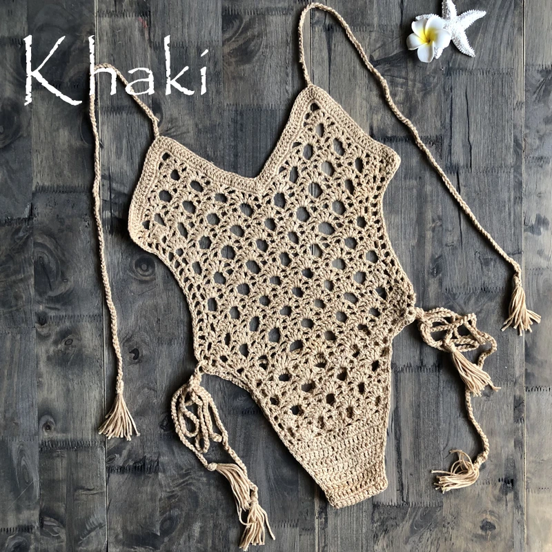 Sexy One Piece Swimsuit Women Crochet Sexy Swimwear Female Khaki Thong Backless Monokini Bathing Suit Hot