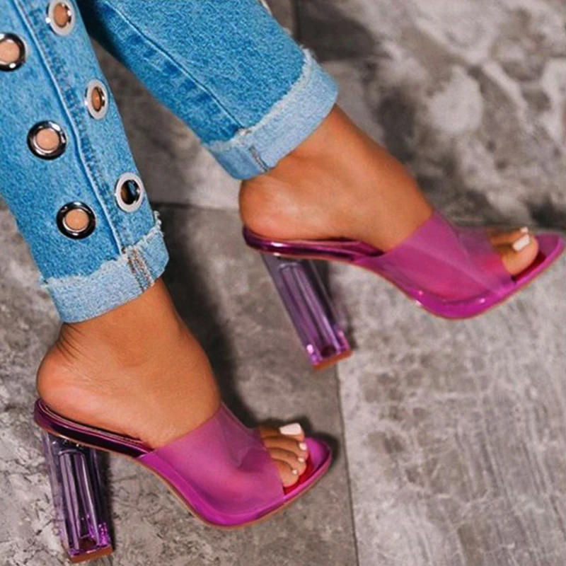 

Dropshipping Women Slippers Purple PVC Crystal Square heel Transparent Clear High heels Summer Slippers Sandals Pumps DT101