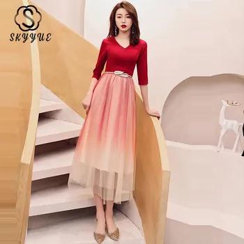 

Skyyue Patchwork A-Line Prom Dresses FR351 Tea-Length Women Party Gowns V-Neck Half Sleeve Vestidos Gradient A-Line Formal Dress