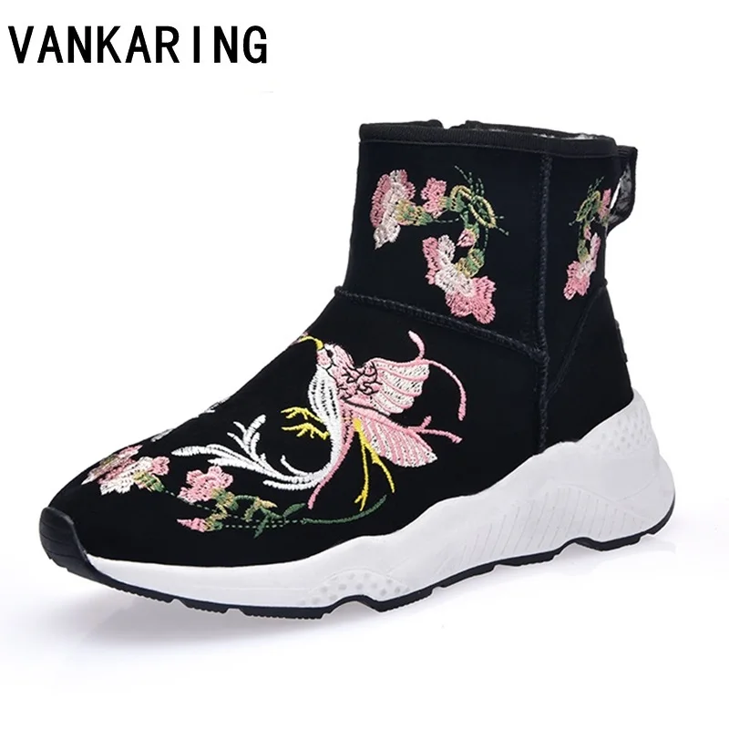 

fashion embroidery leather fur winter snow boots women ankle boots warm shoes quality flat round toe platform boots shoes woman