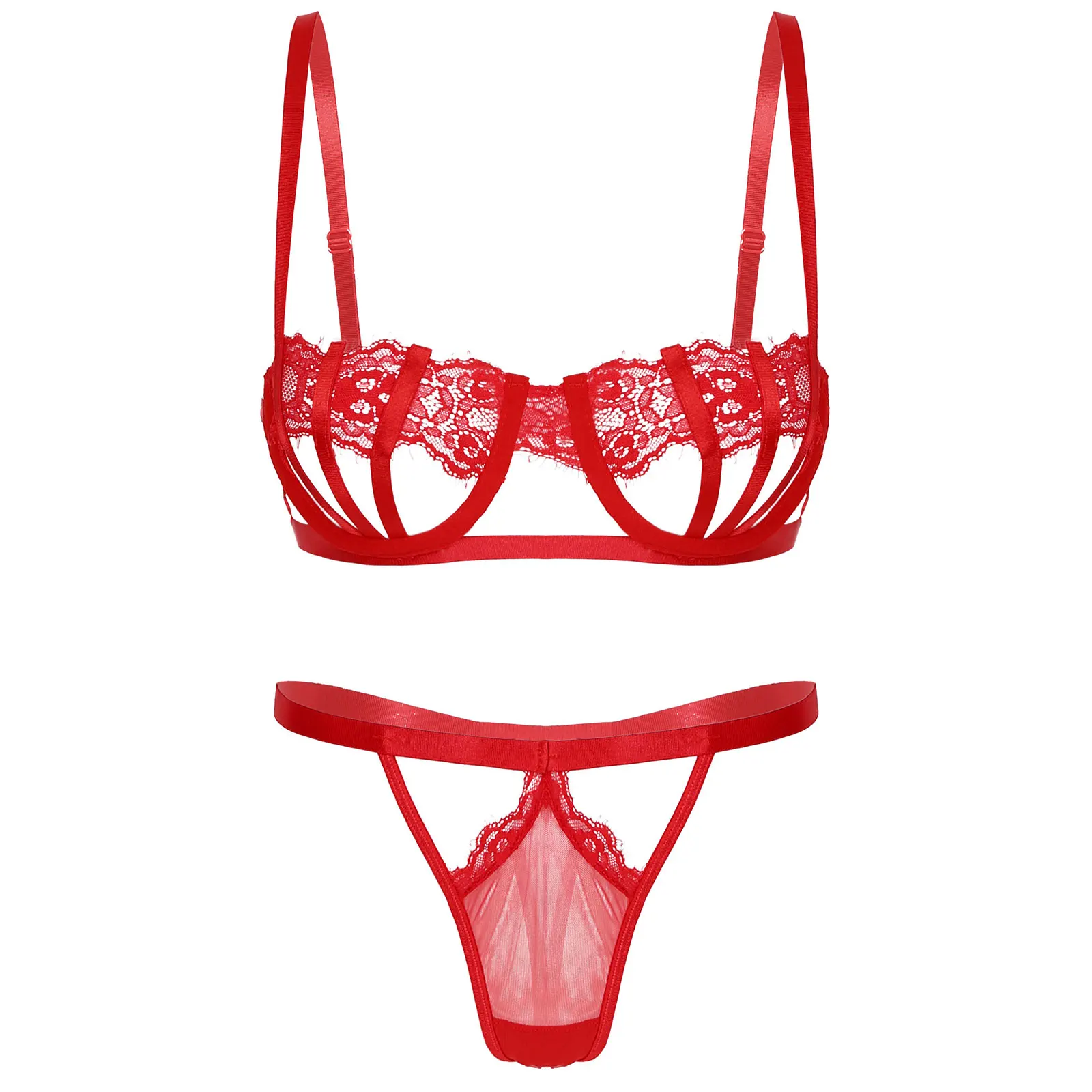

Women Sexy Underwear Set Nightwear Lace Decor Strappy Lingerie Suit Hollow Out Underwire Bra with T-back G-string Briefs Panties