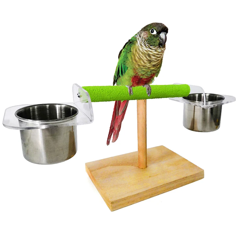 

New Multi-functional Parrot Bird Perch Table Top Wooden Stand With Two Stainless Steel Feeding Cups Water and Food Appliance 1PC