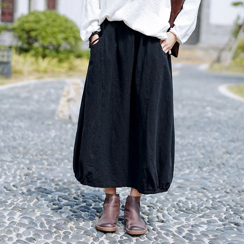 

Johnature 2019 New Simple Retro Pockets All-match Women Flower Bud Half Skirt Autumn Loose Comfortable Plus Size Half Skirts