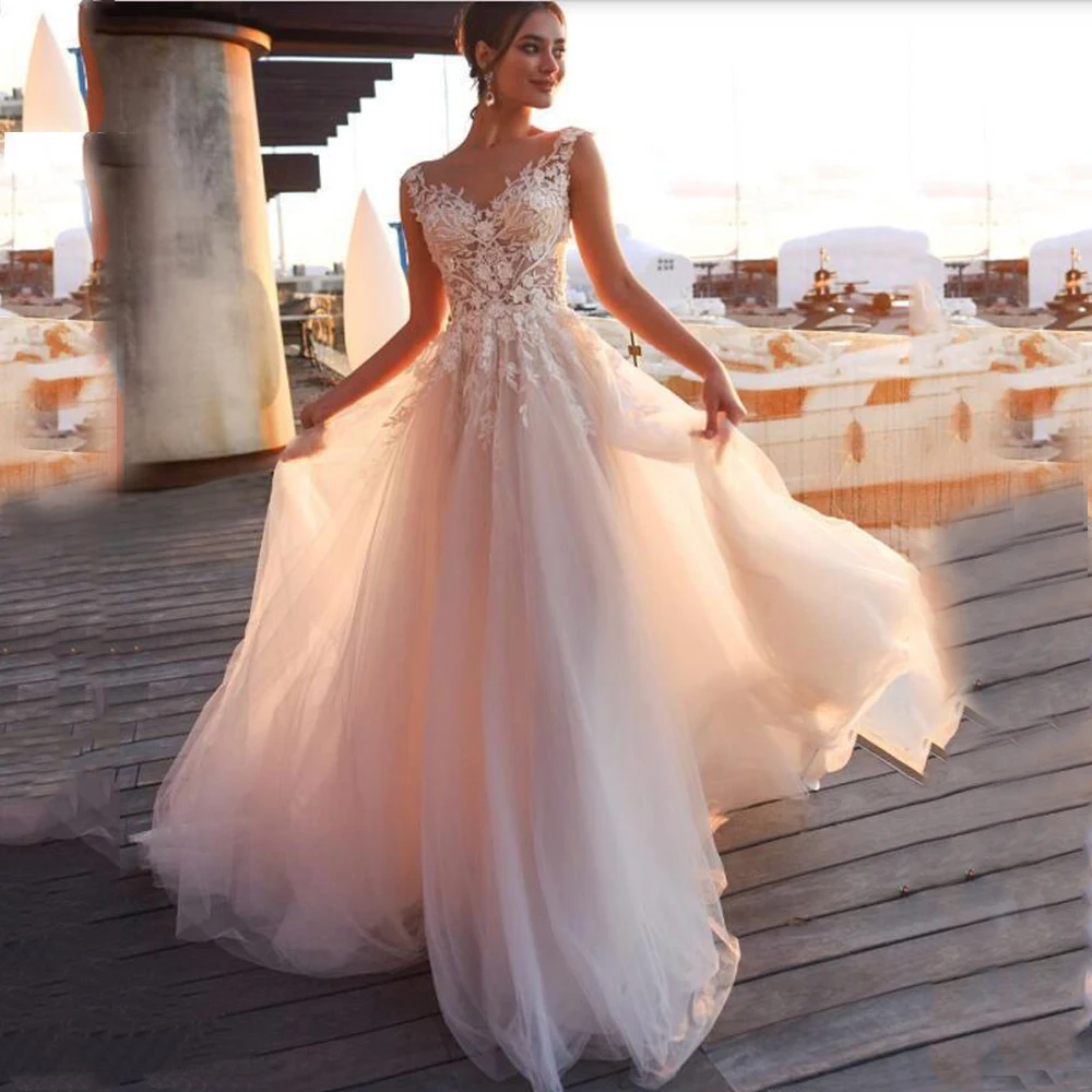 Princess Wedding Dress Scoop Neck Lace Appliqued with Sweep Train Tulle Gown Bride Vestidos De Novia 2020 | Свадьбы и торжества