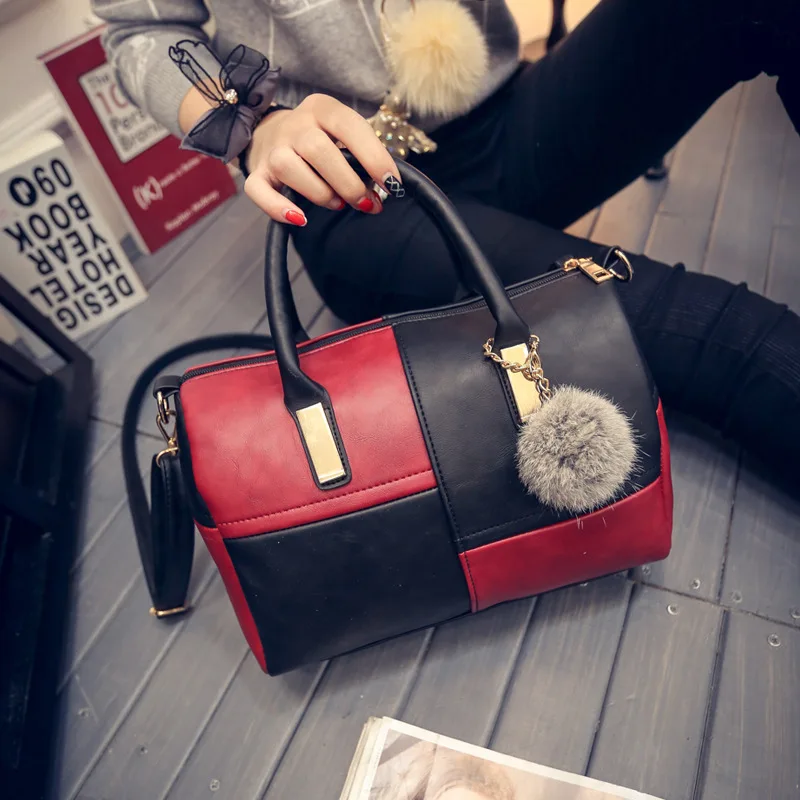 

2018 New Style Simple Contrast Color Joint WOMEN'S Bag Fur Ball Bag Messenger Bag Hand Boston Bag Pillow Bag