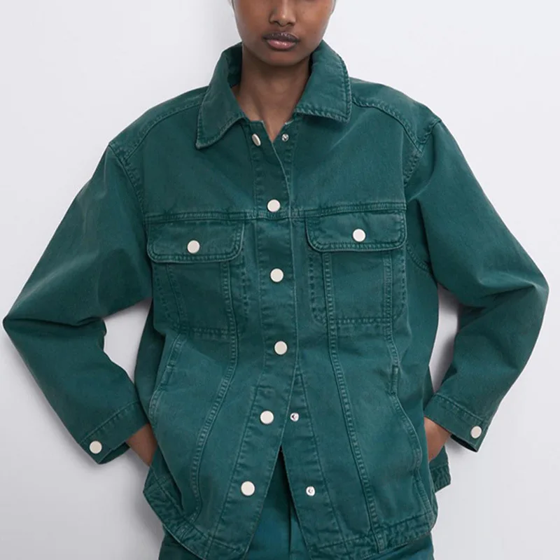 Trendy Green Denim Jacket Women Chic 