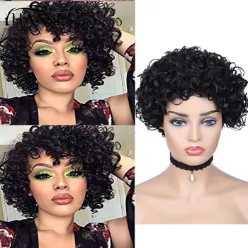 

HANNE Wig100% Curly/Straight Human Hair Wigs for Black Women Braizilian Short Bob Wig with Bang Glueless Natural Color Free Ship