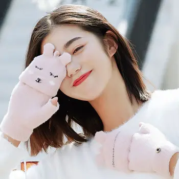 

Women Convertible Flip Top Gloves Half Finger Mittens Girl Winter Thicken Plush Convertible Flip Top Gloves Cartoo Rabbit Mitten
