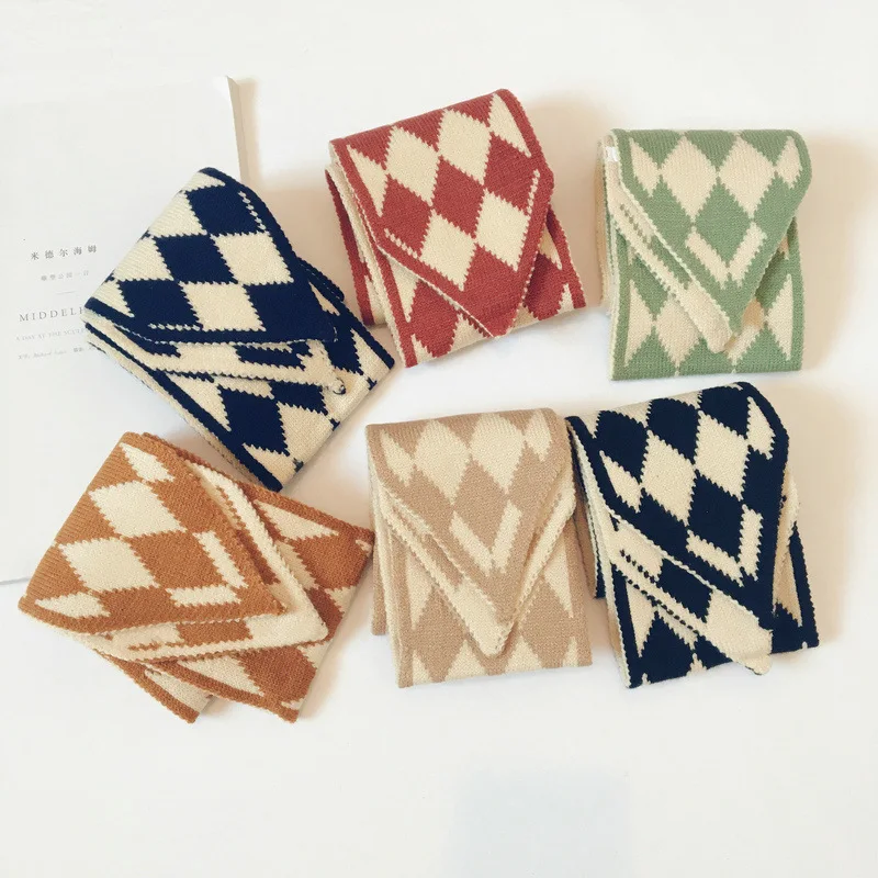 Simple Rhombus Contrast Color Knitting Children Scarf Small Cute Double Sided Scarf Snood Children Streetwear Kids Neck Collar