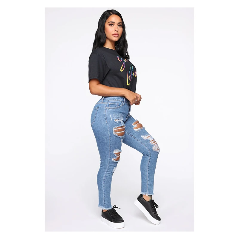 

Retro Women's Jeans Ripped Hole Washed Thin Fashion Pants Slim Elasticity Skinny Pants Solid Color Vintage Jeans Femme Pants