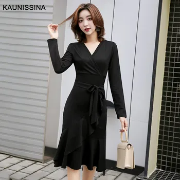

KAUNISSINA Black Cocktail Dresses Long Sleeve Mermaid Party Gown V-Neck Knee Length Belt Homecoming Dress Ccoktail Robe