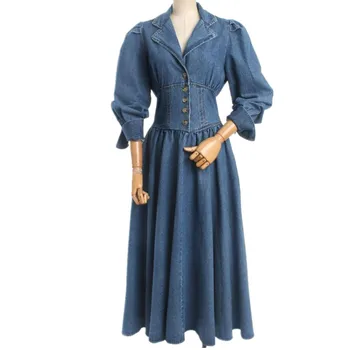 

vintage Women Jeans Dress New Spring Autumn Slim Long Sleeve Turn Down Collar A-line Denim Dress Ladies Long Robe