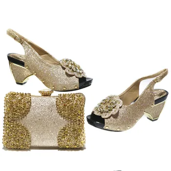 

2020 Gold Color Italian Design Shoes and Bags To Match Set Nigerian Women Wedding Shoes and Bags Sets Decorated with Applique