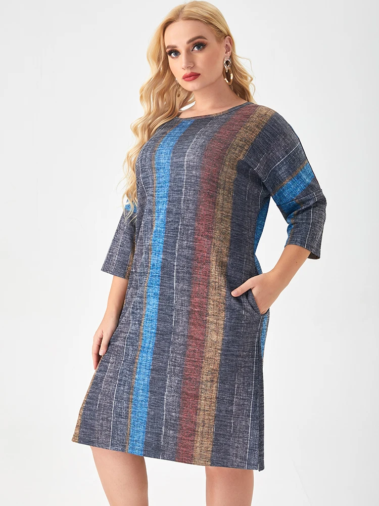2021 Fall Plus Size women clothing Long sleeve Print stripe dress