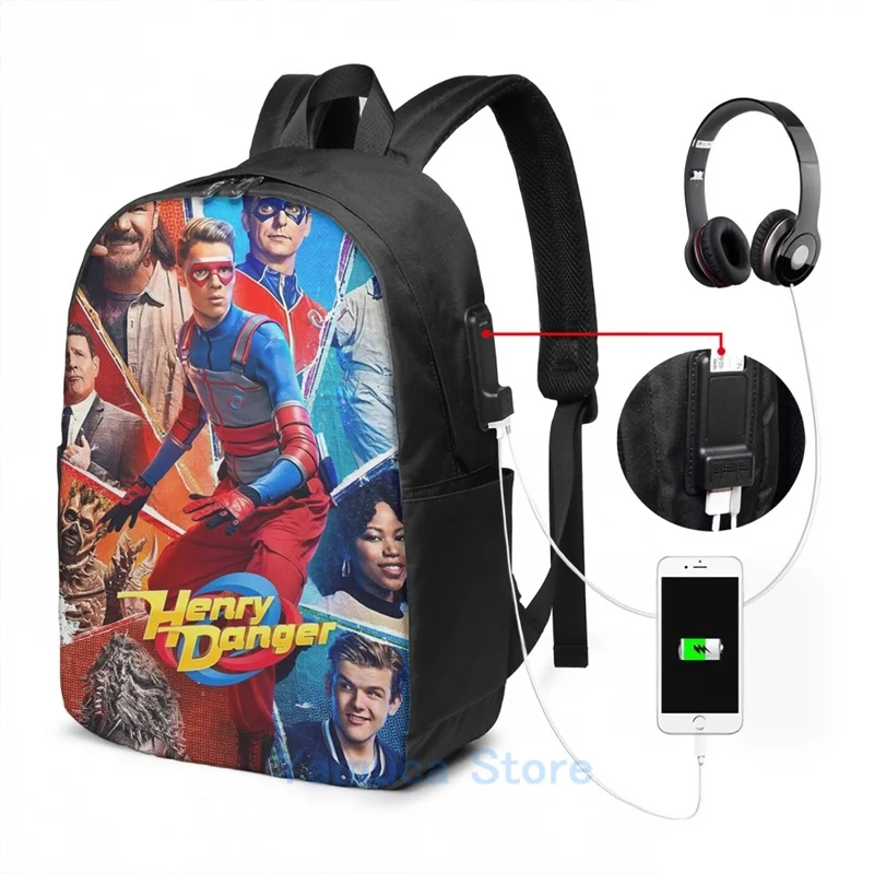 Funny Graphic print captain henry danger USB Charge Backpack men School bags Women bag Travel laptop bag