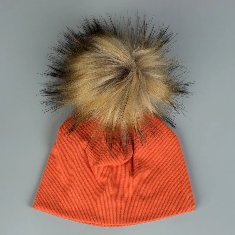Newborn Baby Boys Girls Cotton Beanies Hats With Big Faux Fur Pompom Solid Cute Girls Hats Cap Hair Accessories - Цвет: 16Orange