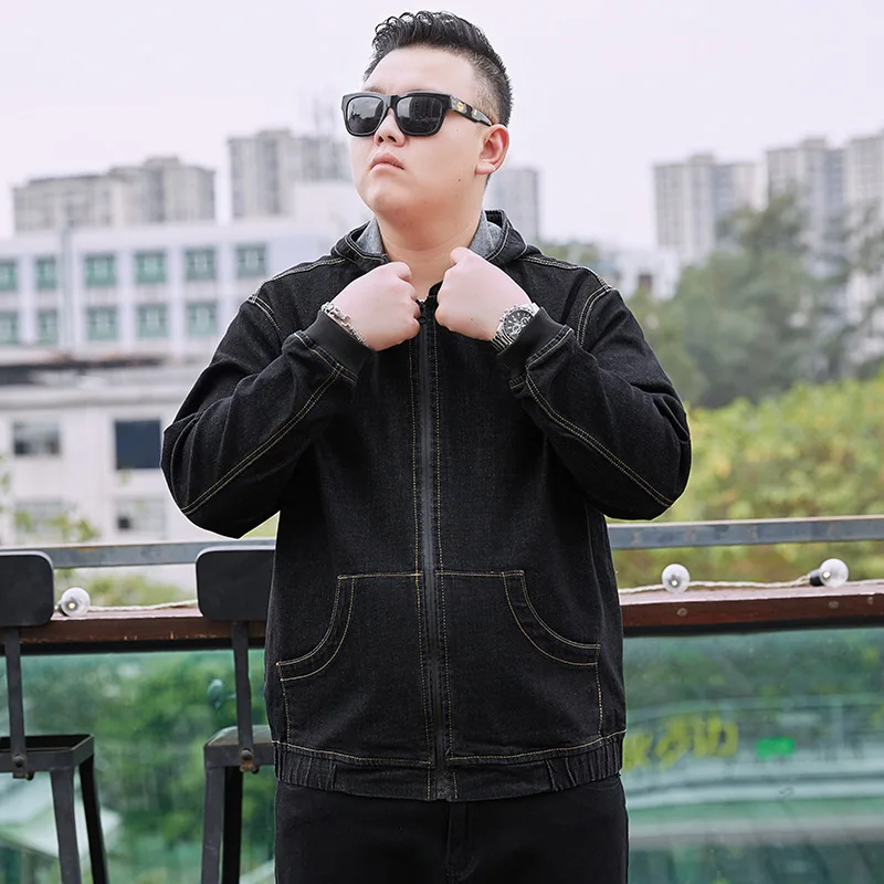

Large Size Men'S Wear Jeans Coat Plus-sized Loose-Fit Hooded Jacket Elasticity Fashion Lard-bucket Shirt Fat Hooded Tops