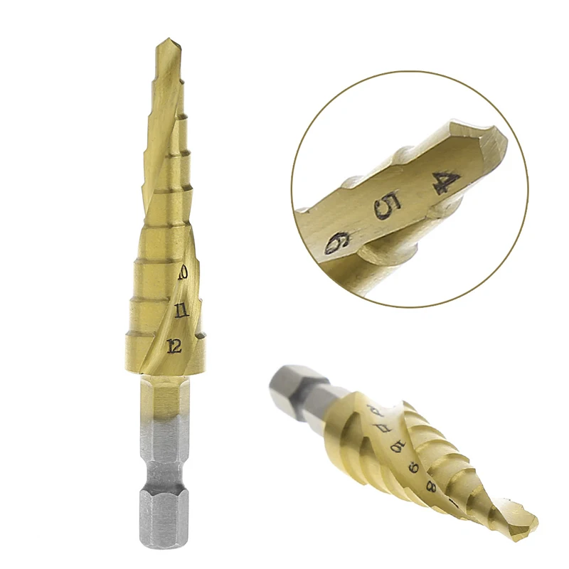 

Drop Shipping HSS Spiral Grooved Step Cone Drill Bit 1/4" Hex Shank Metal 4mm-12mm Hole Cut