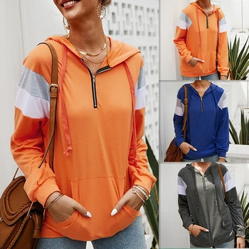 

2020 Spring Patchwork Geometric Print Hoodies Sweatshirts Tops Ladies Casual Long Sleeve V-neck Zipper Blouse Female Pullovers