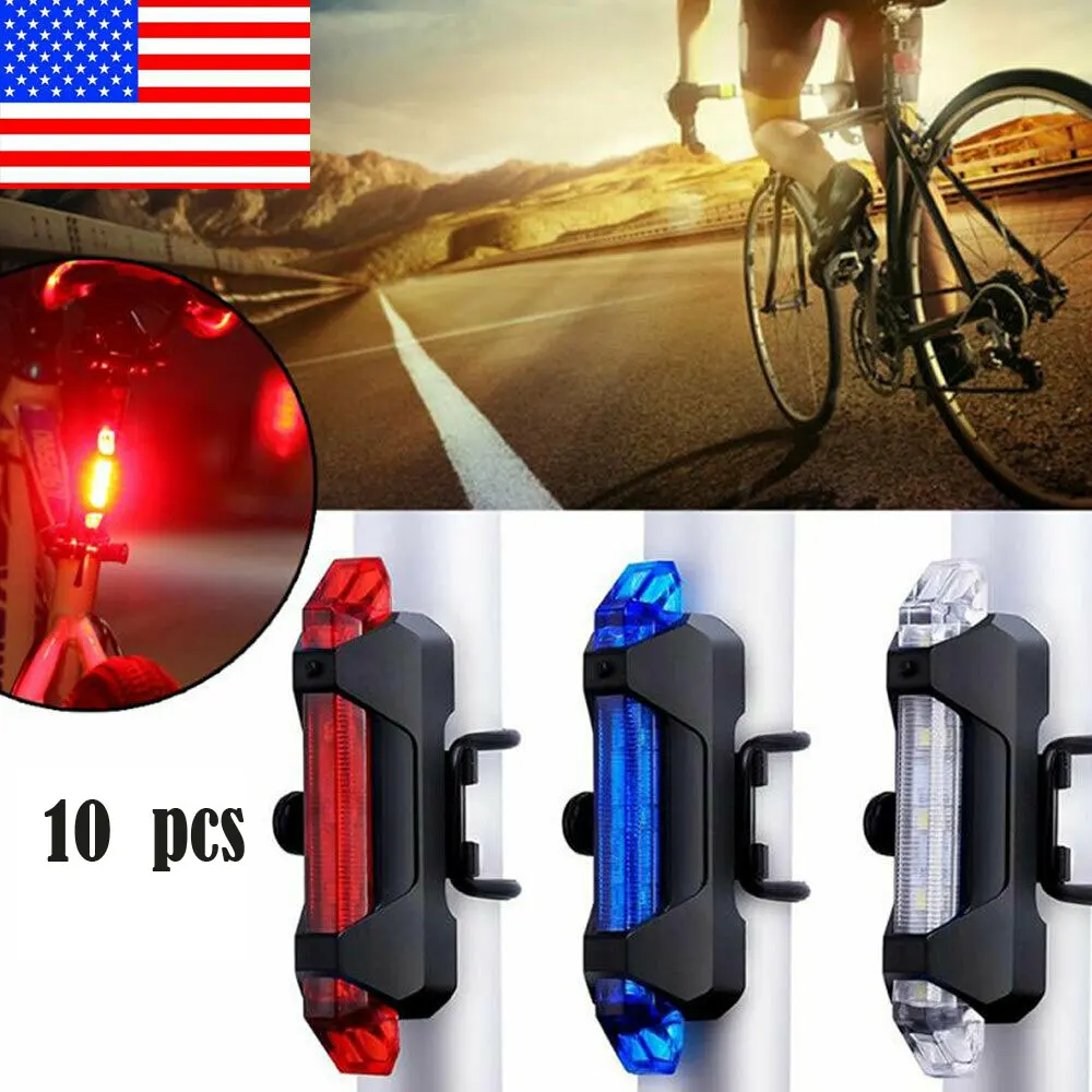 10Pcs USB Rechargeable Waterproof LED Bike Bicycle Tail Rear Light Night Safe Cycling Riding Warning Signal Lamp Portable Fast