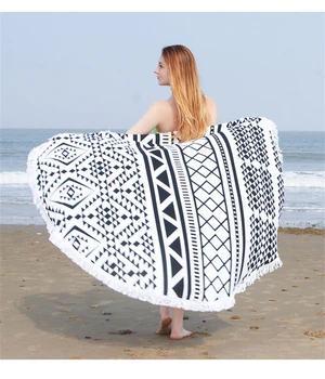 

150CM in Diameter Round Tassels Beach Towels Indian Mandala Women Scarf Retro Polyester Cotton Light Thin Turkish Towel Yoga