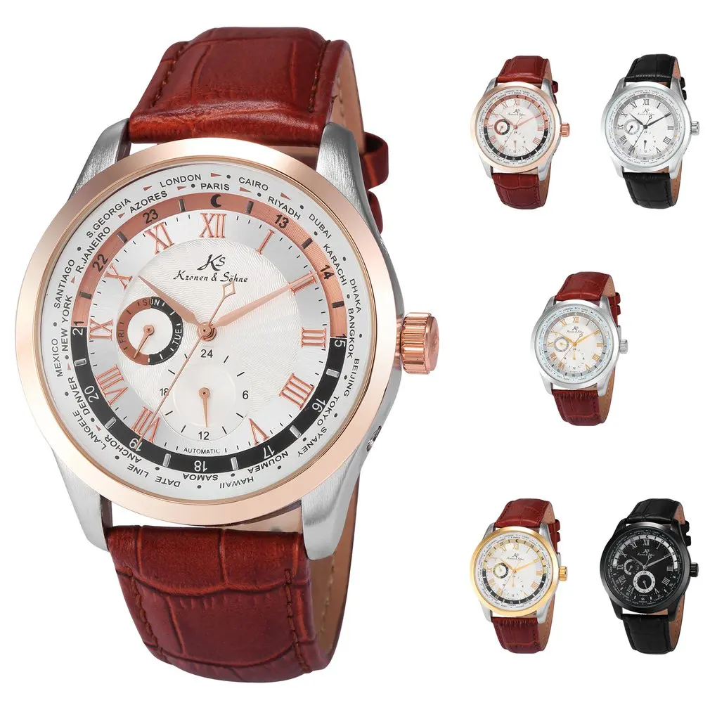 Автоматические полностью черные 24 часа в день римские аналоговые Мужские часы с