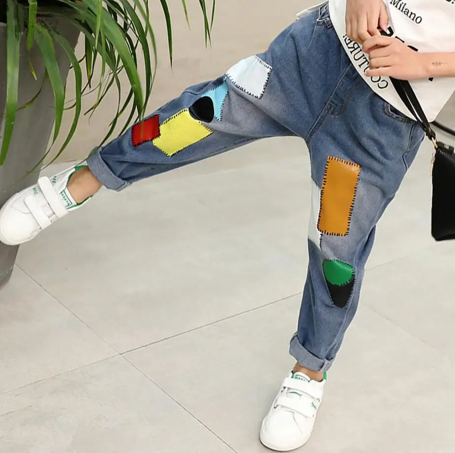 

CYSINCOS Cute Patchwork Pattern Kids Jeans Spring Autumn High Quality Children Pants Casual Patch Trousers Baby Girls Jeans