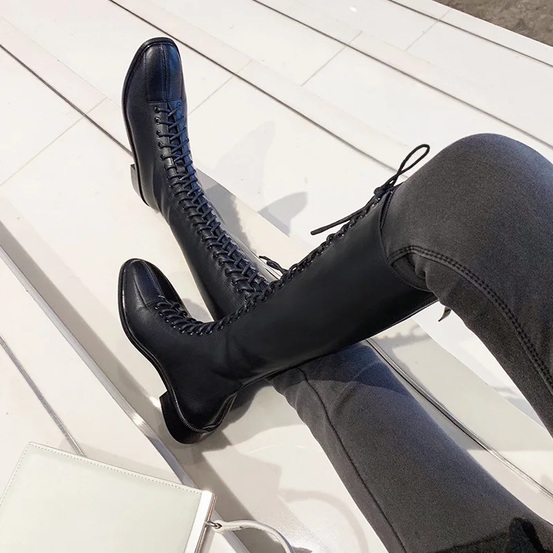 Fujin botas largas para mujer otoño invierno nuevo encaje Semi alto tacón  muslo moda punta redonda plataforma transpirable sólido botas de mujer|Botas  sobre la rodilla| - AliExpress