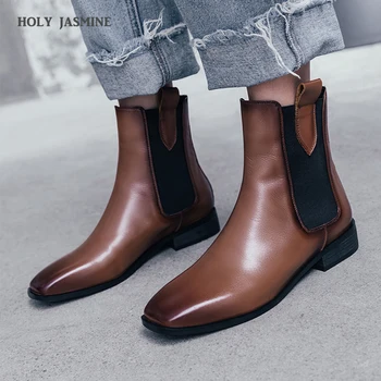 

2020 New Burgundy Bootie Best Genuine Chelsea boots Platform Female Marten Leather Low Heel Ankle Boots Oxfords Shoe for Women